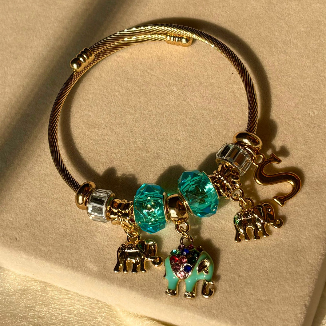 Pandora Style Ocean Blue Elephant Bracelet With Customised Initial (Gold)