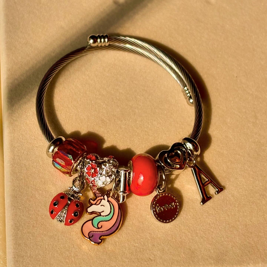 Pandora Style Unicorn Beetle Red With Customised Initial (Gold)