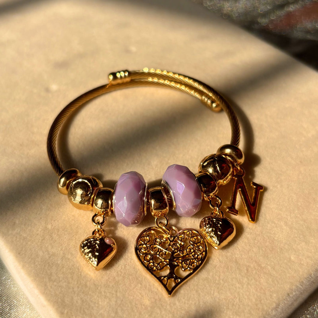 Pandora Style Lilac Hearts Bracelet  With Customised Initial