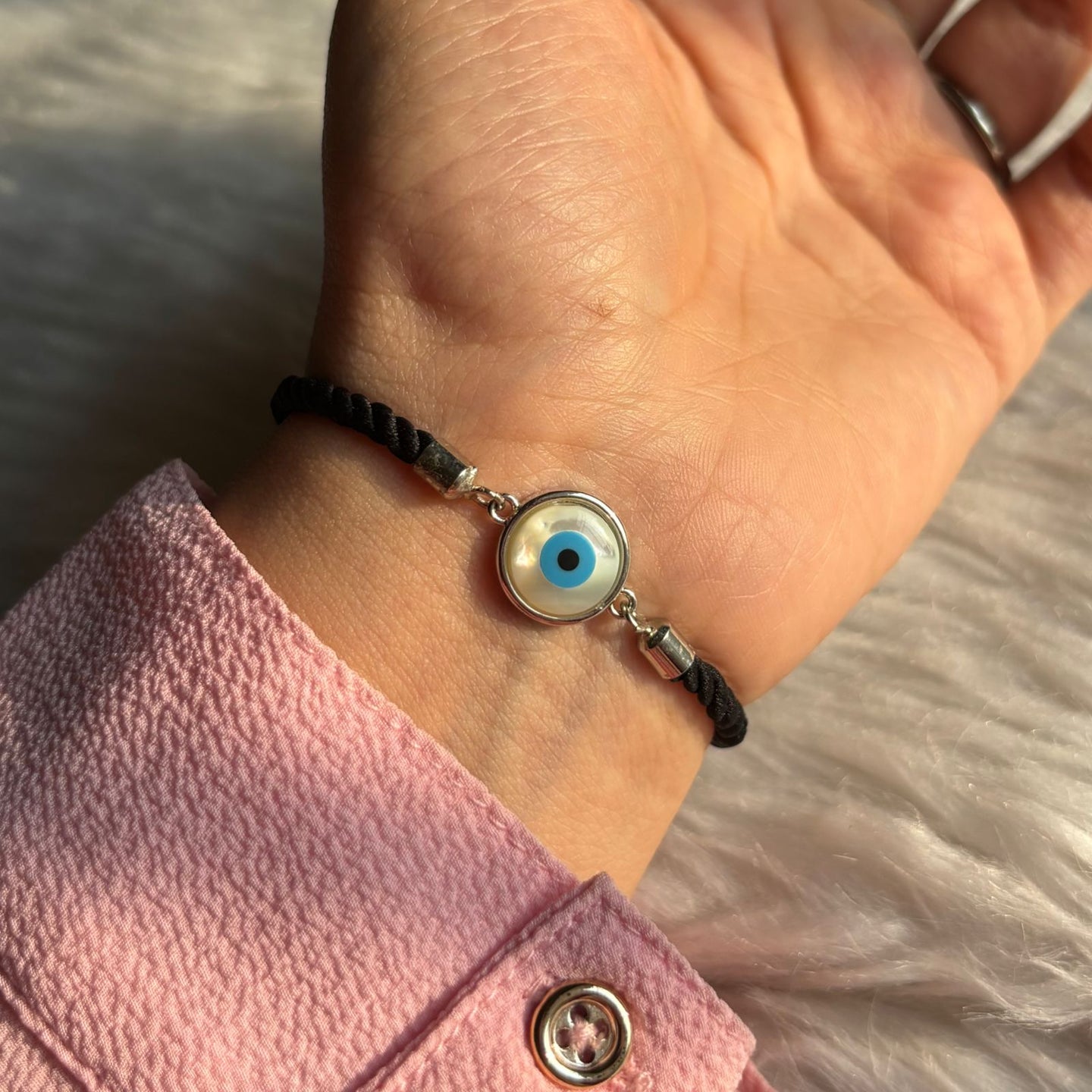 Evil Eye White Bracelet In Silver and Black Band