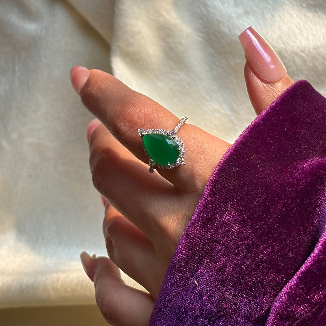 Drop Green Emerald Solitaire Ring ( Silver Adjustable )