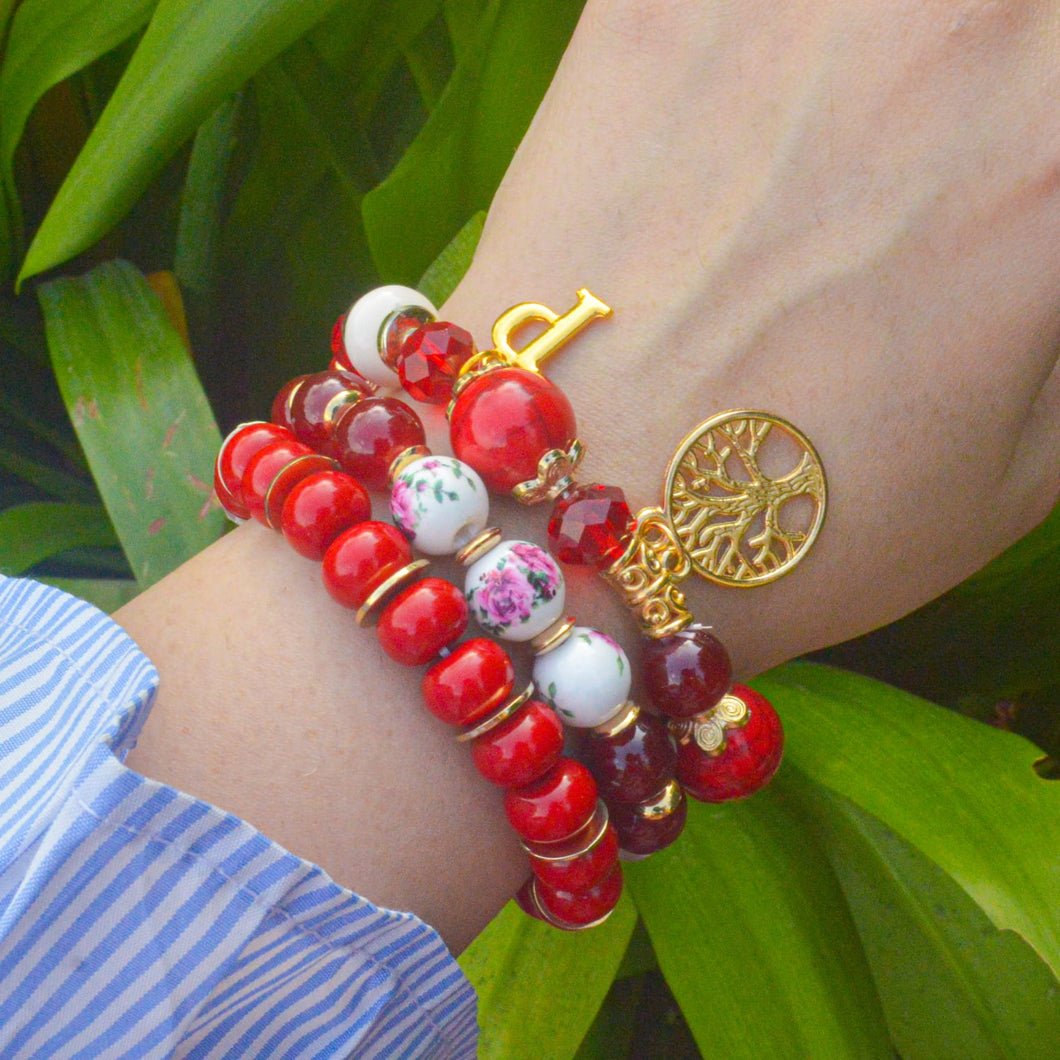 Royal Flowers Marble Red  Evil Eye Beaded Crystals Stack Elastic Bracelet With Customised Initial (Gold)