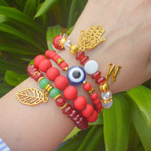 Load image into Gallery viewer, Marble Red  Evil Eye Beaded Crystals Stack Elastic Bracelet With Customised Initial (Gold)
