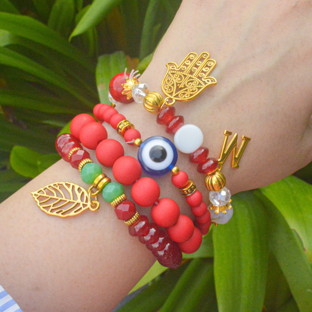 Marble Red  Evil Eye Beaded Crystals Stack Elastic Bracelet With Customised Initial (Gold)