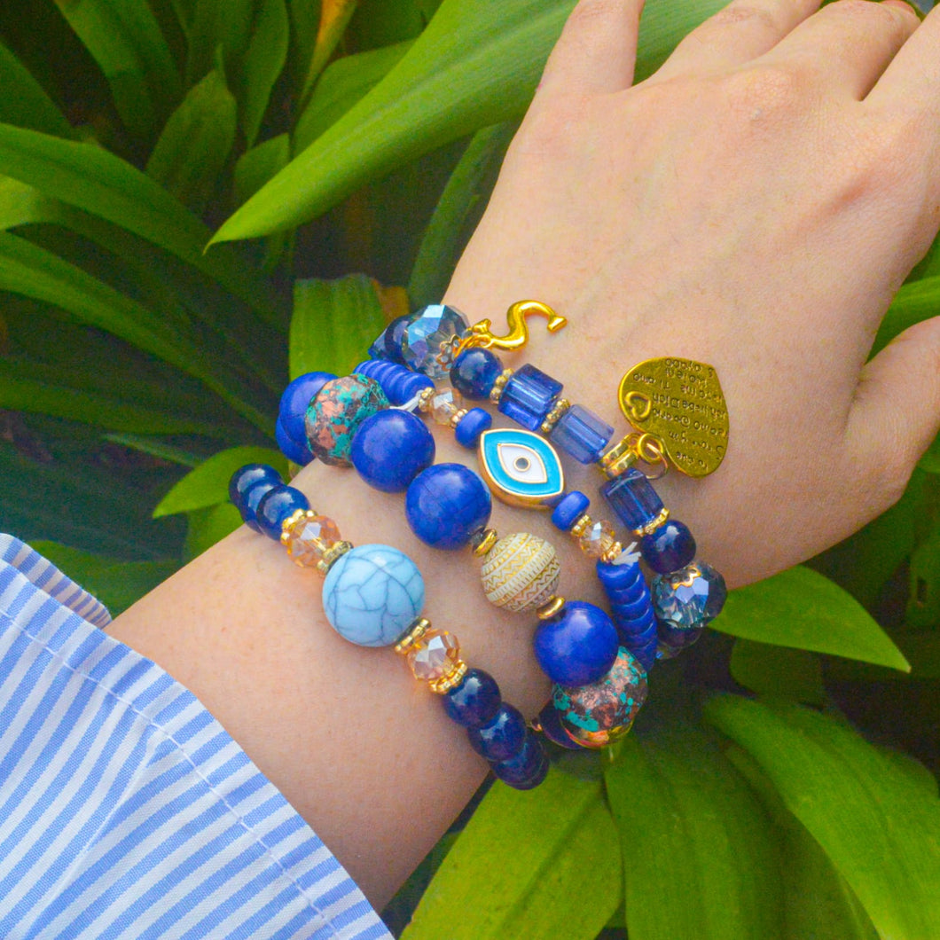Marble Blue Evil Eye Beaded Crystals Stack Elastic Bracelet With Customised Initial (Gold)