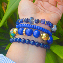Load image into Gallery viewer, Marble Blue Evil Eye Beaded Crystals Stack Elastic Bracelet With Customised Initial (Gold)
