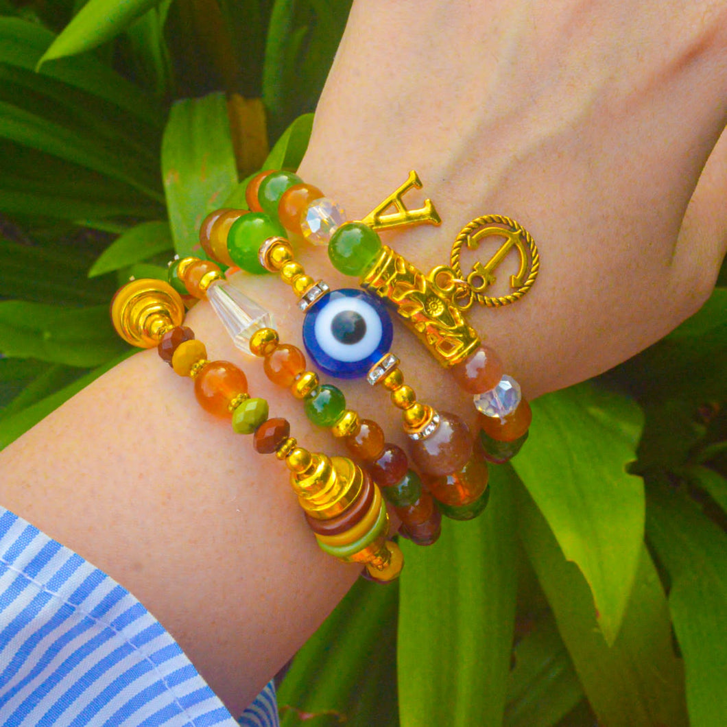 Orange Green Evil Eye Beaded Crystals Stack Elastic Bracelet With Customised Initial (Gold)