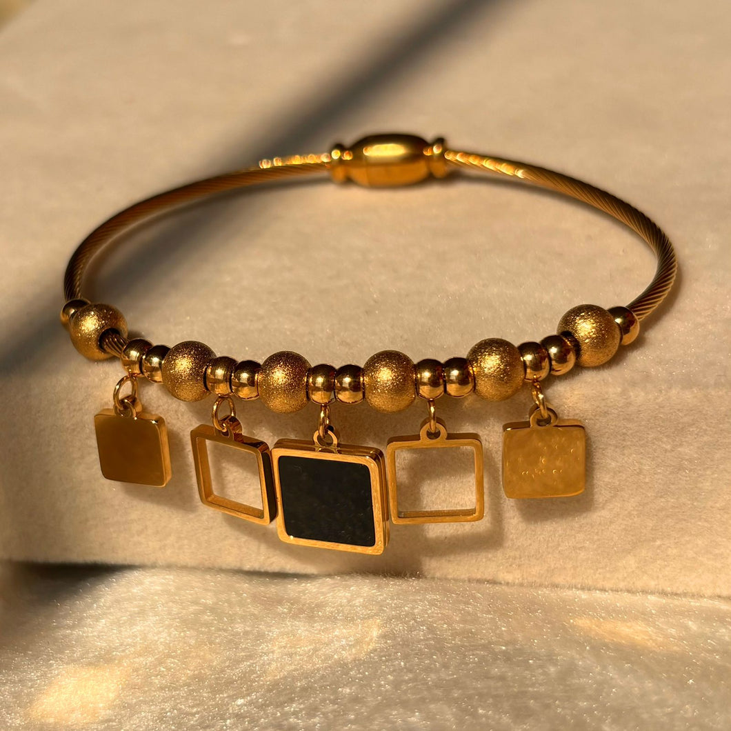 Black and Gold Squares Kada Bracelet Bangle Magnetic Slip On -  Gold