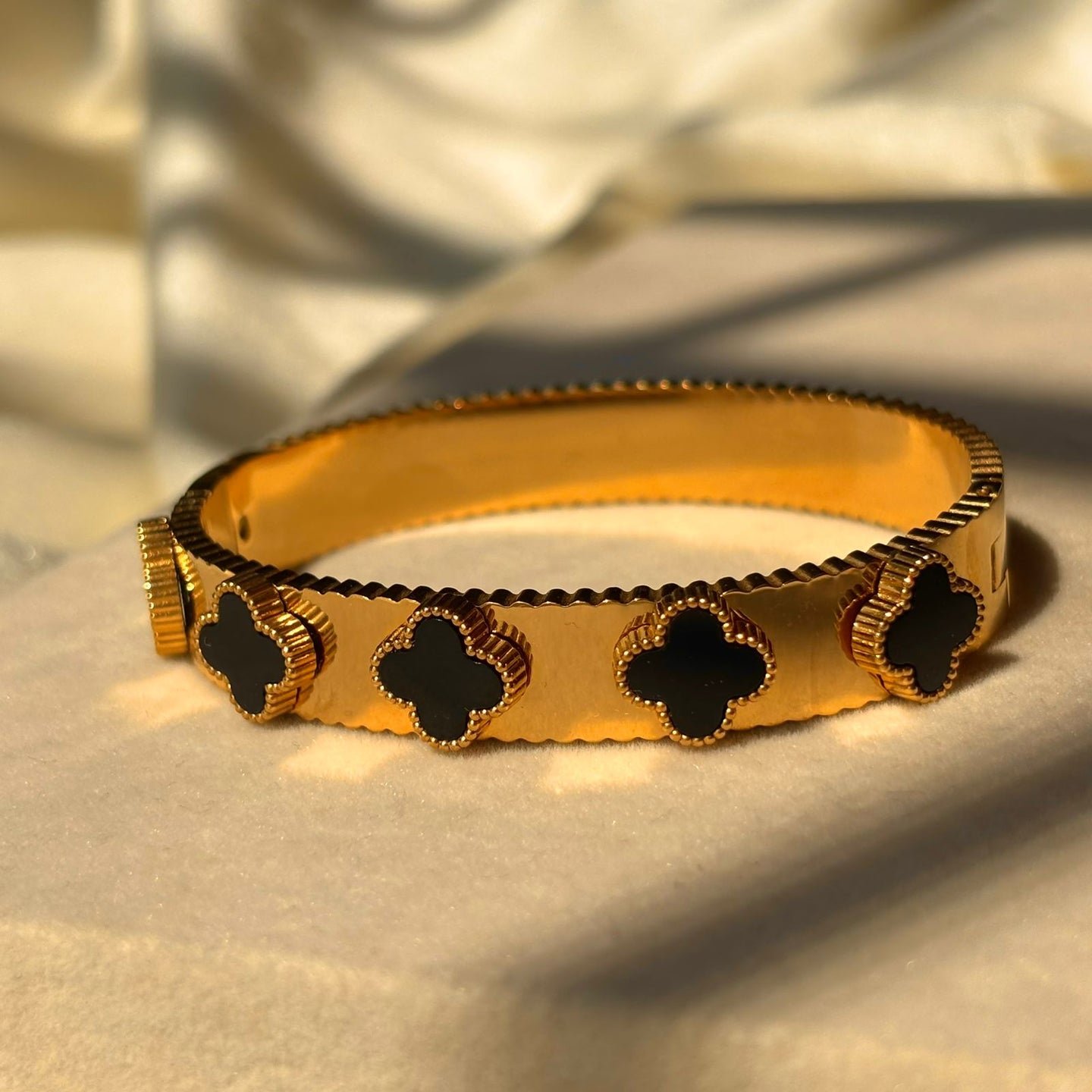 Black Flower Clover Kada Bracelet Bangle -  Gold