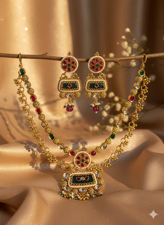 Ranihaar ‘Noor’ Necklace Layered Heritage Loaded Necklace with Earrings