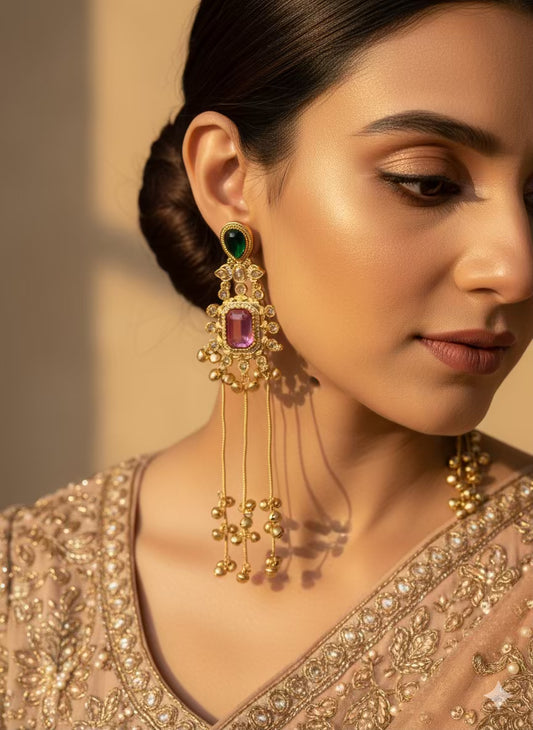 Pink Green Emerald Kashmiri Brass Premium Plated Ghungroo Earrings