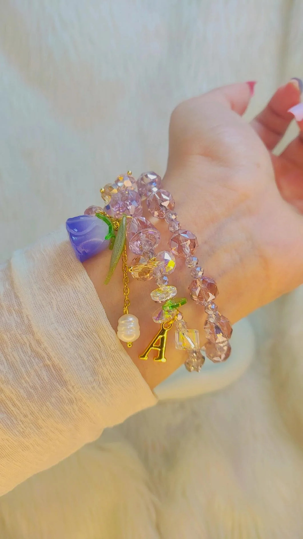 Rose Charms Crystal Bracelet - Gold