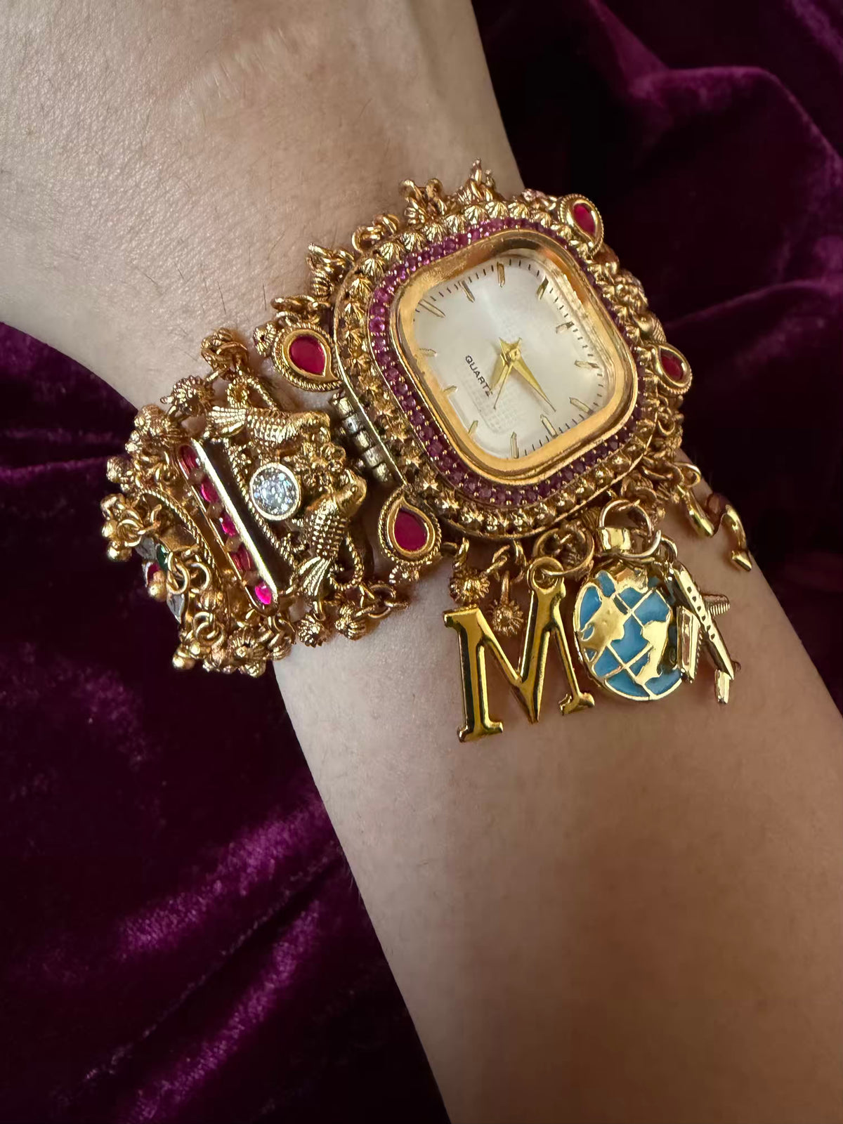 White Traveller Charm Dial Maharani Watch Bracelet – Gold & Ruby Pink ( LAUNCH DISCOUNT ends tonight )