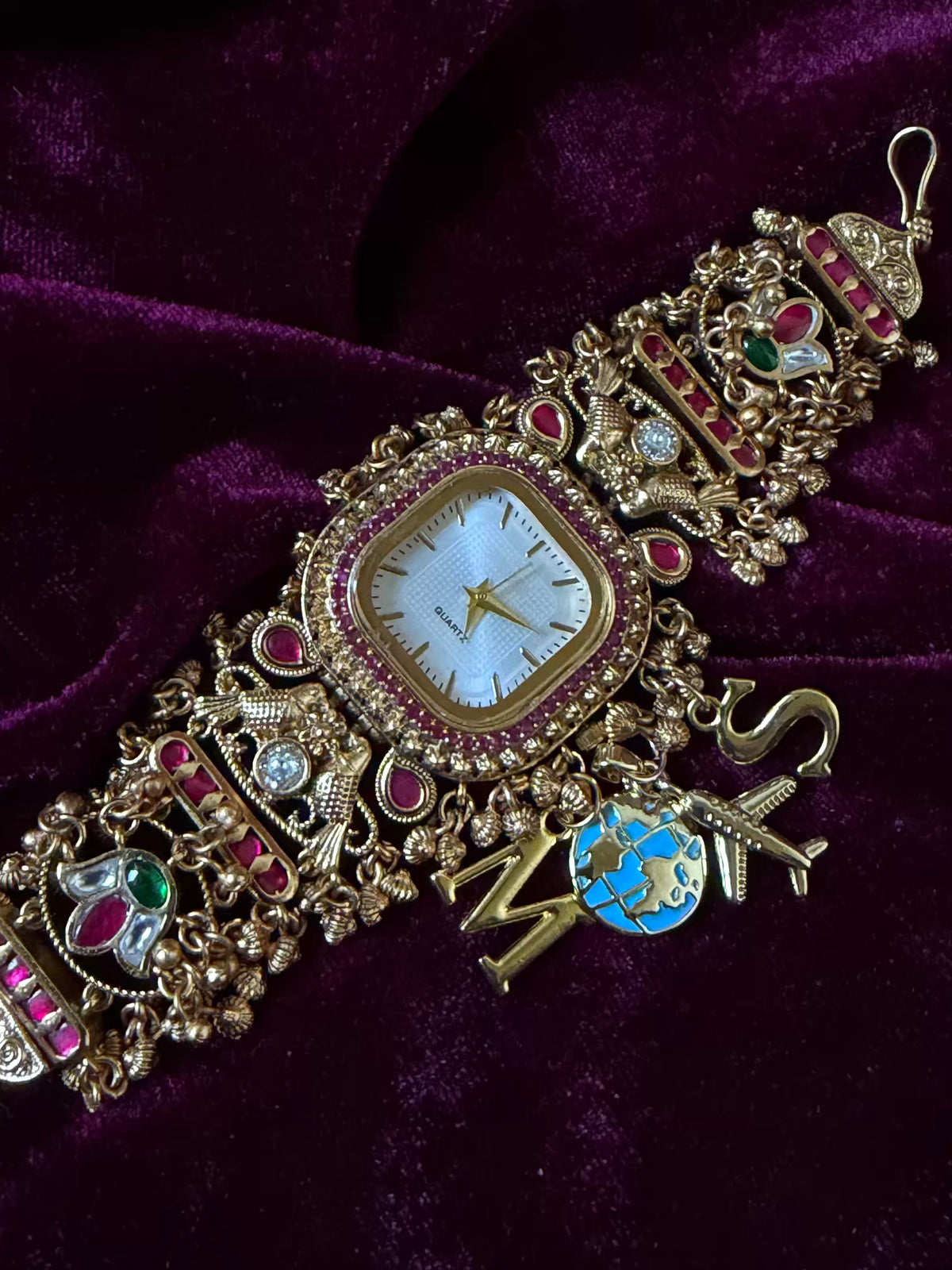 White Traveller Charm Dial Maharani Watch Bracelet – Gold & Ruby Pink ( LAUNCH DISCOUNT ends tonight )