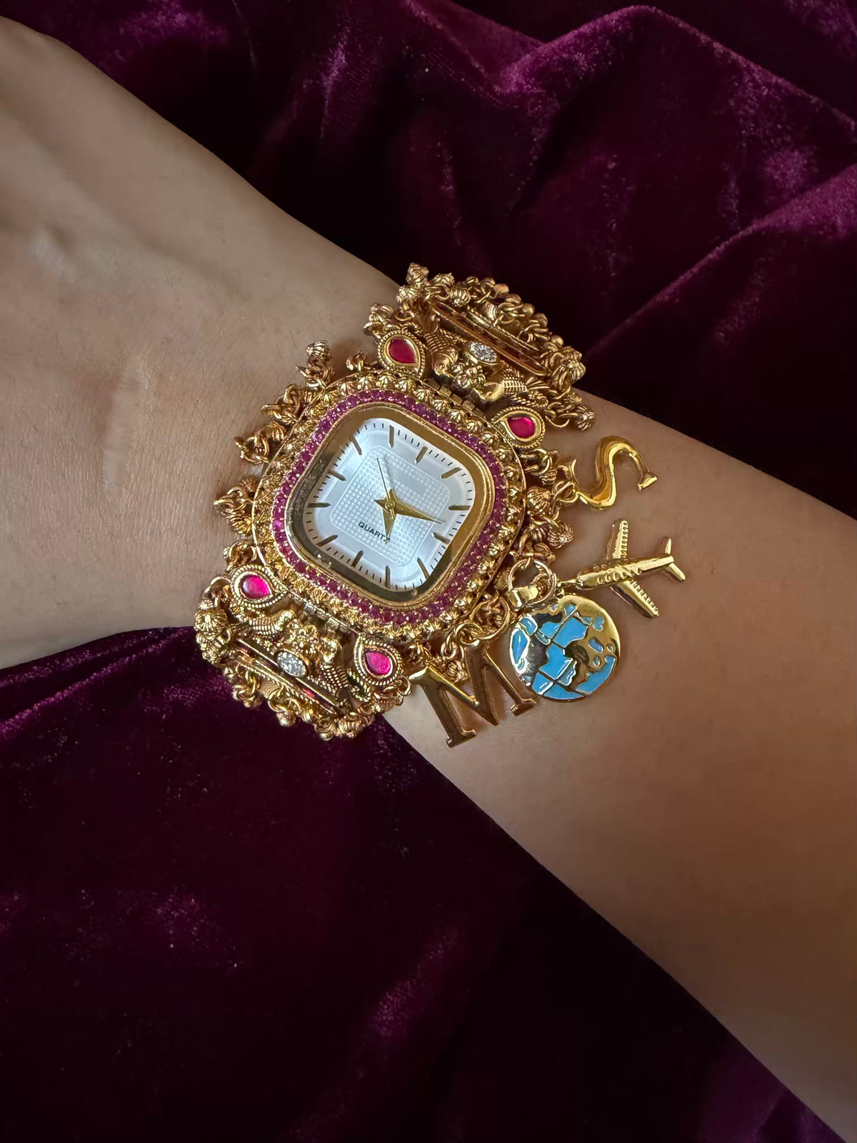 White Traveller Charm Dial Maharani Watch Bracelet – Gold & Ruby Pink ( LAUNCH DISCOUNT ends tonight )
