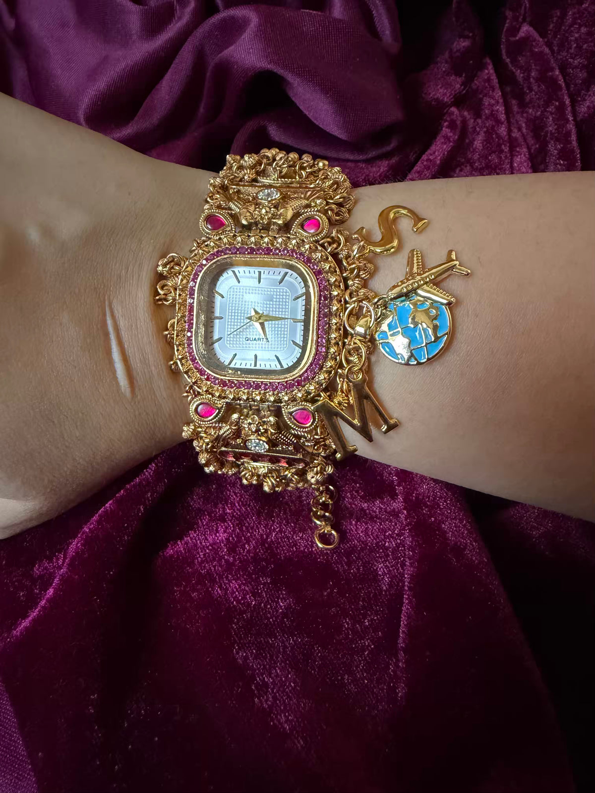 White Traveller Charm Dial Maharani Watch Bracelet – Gold & Ruby Pink ( LAUNCH DISCOUNT ends tonight )