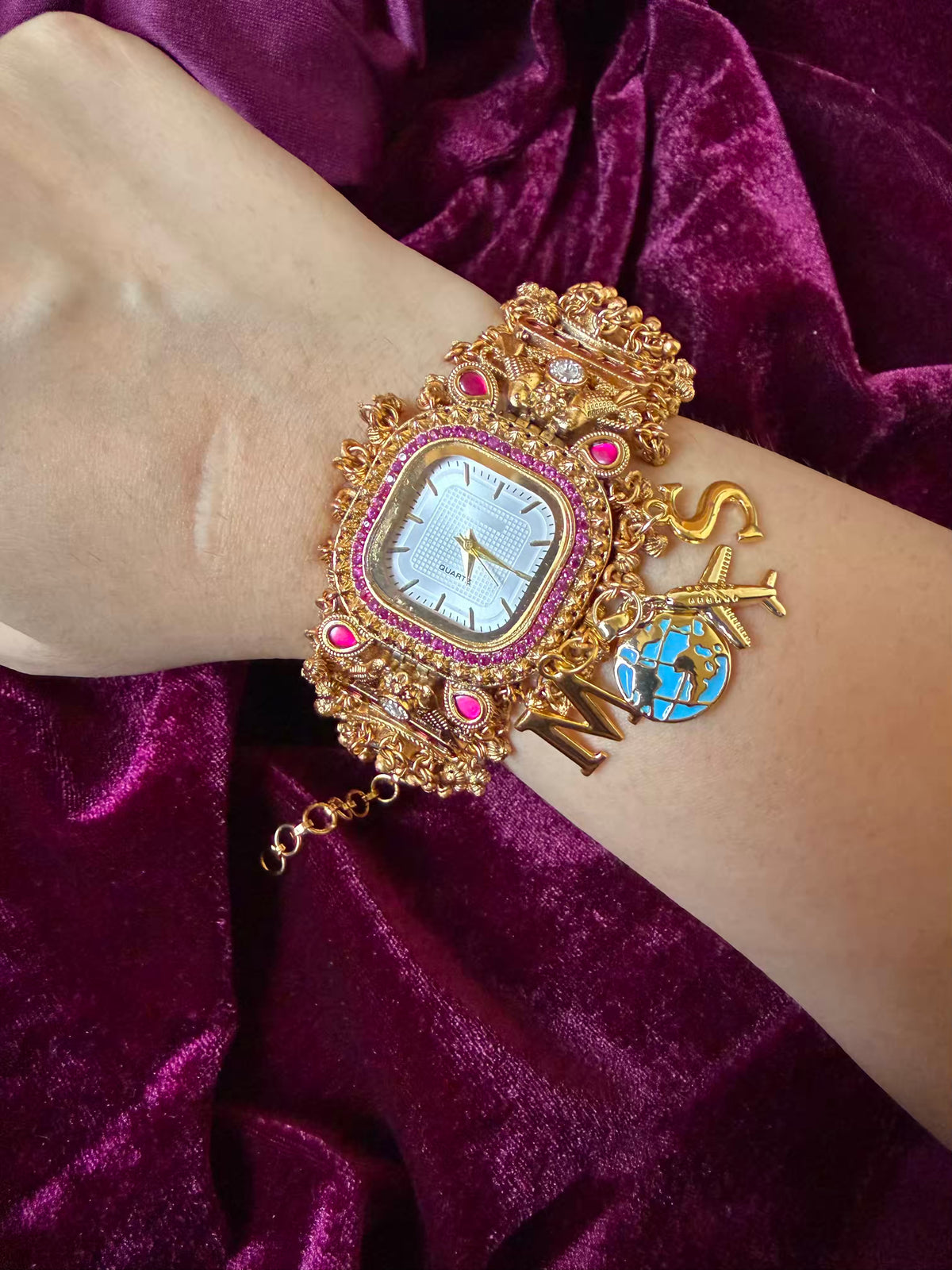 White Traveller Charm Dial Maharani Watch Bracelet – Gold & Ruby Pink ( LAUNCH DISCOUNT ends tonight )