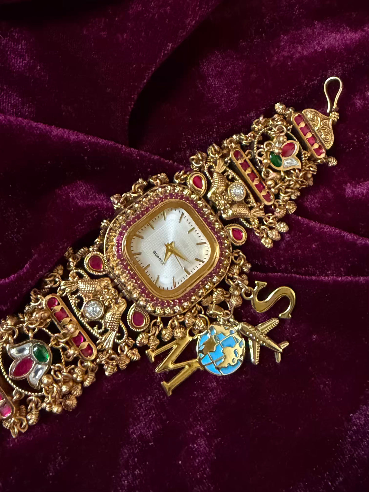 White Traveller Charm Dial Maharani Watch Bracelet – Gold & Ruby Pink ( LAUNCH DISCOUNT ends tonight )