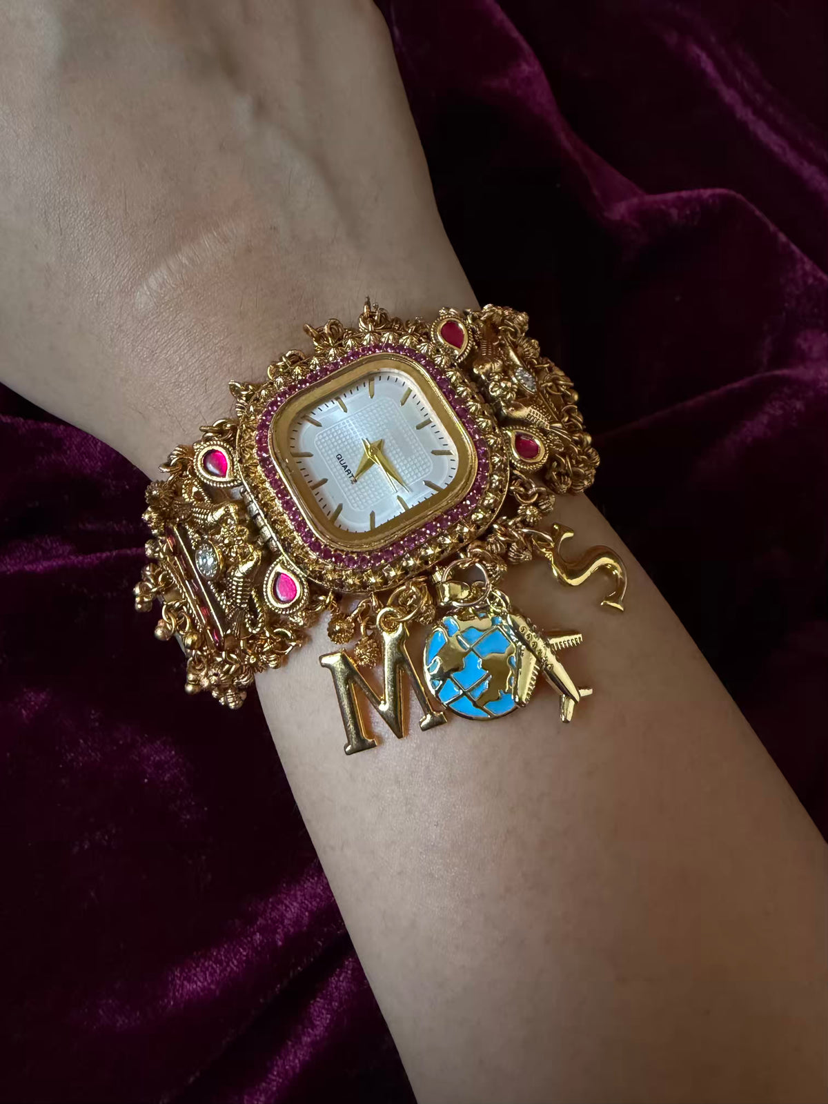 White Traveller Charm Dial Maharani Watch Bracelet – Gold & Ruby Pink ( LAUNCH DISCOUNT ends tonight )