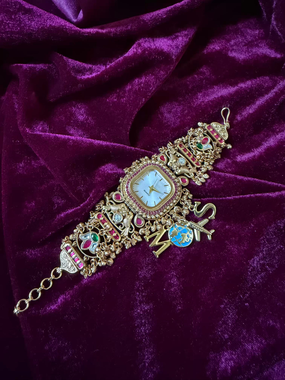 White Traveller Charm Dial Maharani Watch Bracelet – Gold & Ruby Pink ( LAUNCH DISCOUNT ends tonight )