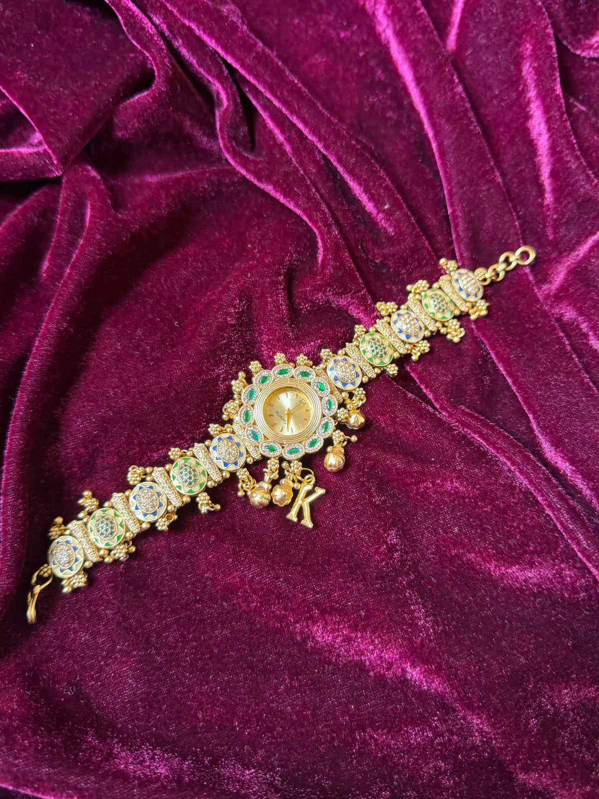 Meenakari Ghungroo Emerald  Maharani Watch Heritage Bracelet - ( Add your own Initials)