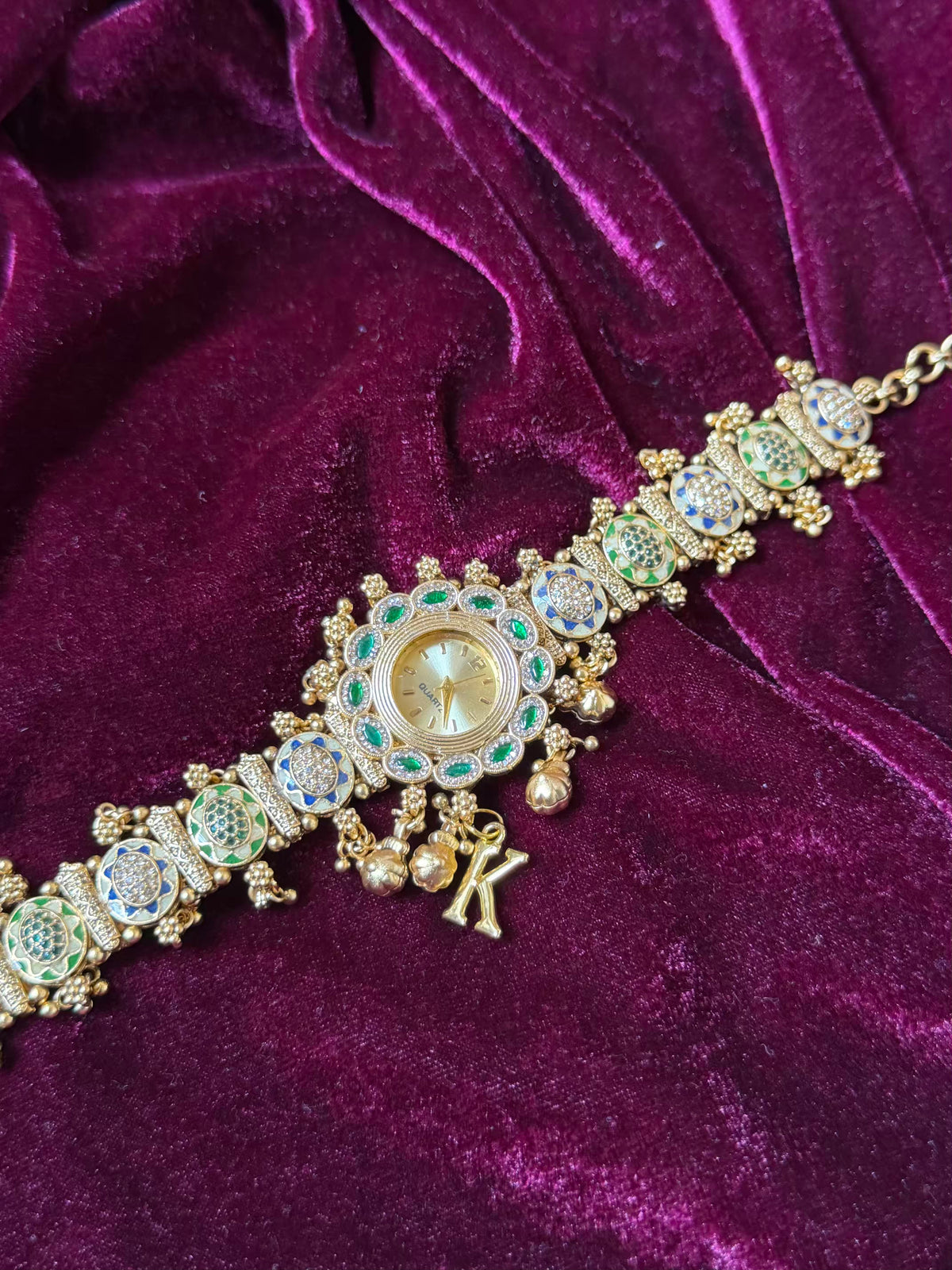 Meenakari Ghungroo Emerald  Maharani Watch Heritage Bracelet - ( Add your own Initials)
