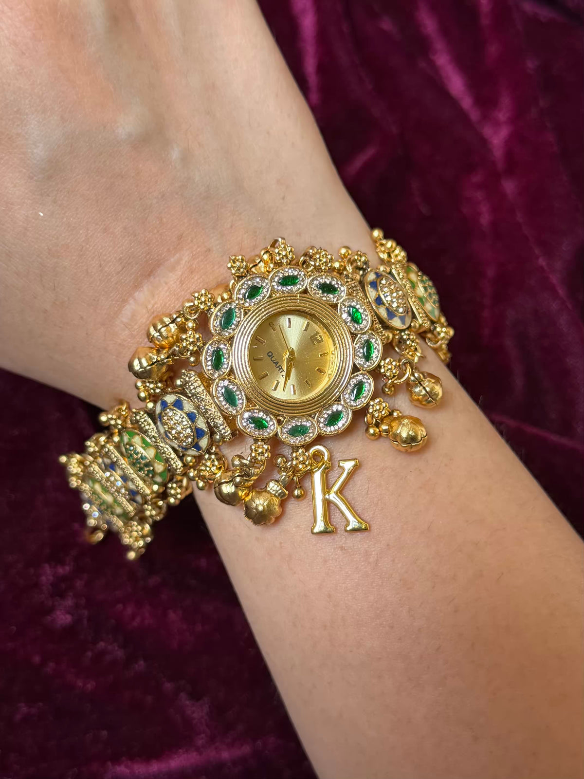 Meenakari Ghungroo Emerald  Maharani Watch Heritage Bracelet - ( Add your own Initials)