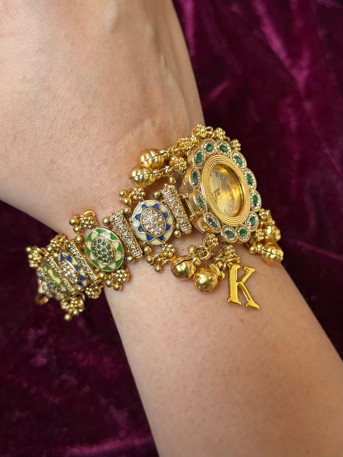 Meenakari Ghungroo Emerald  Maharani Watch Heritage Bracelet - ( Add your own Initials)