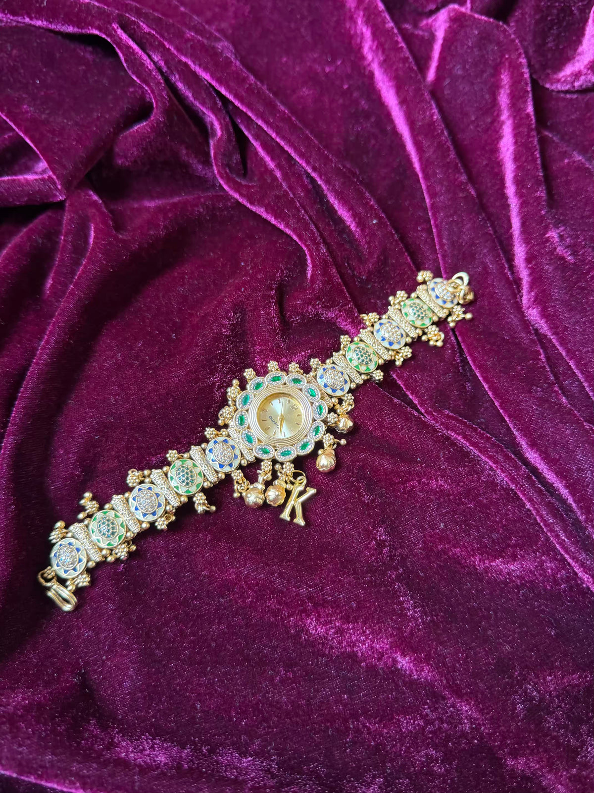 Meenakari Ghungroo Emerald  Maharani Watch Heritage Bracelet - ( Add your own Initials)