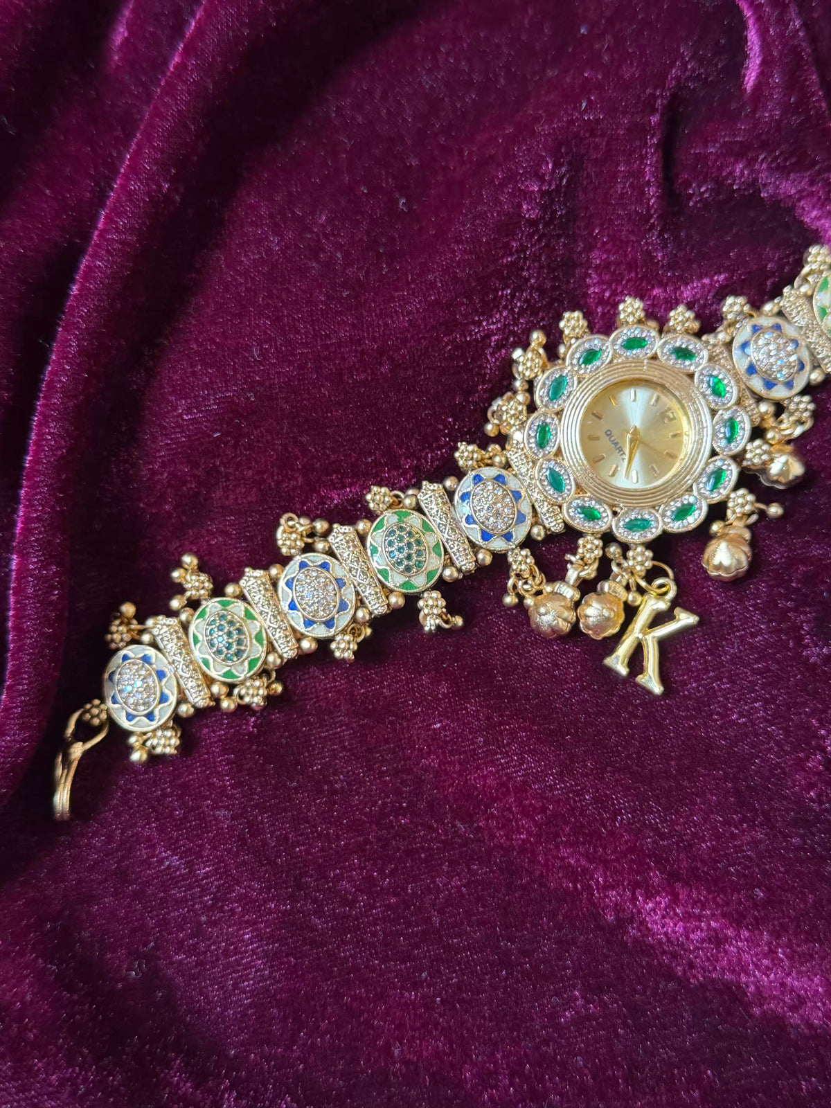 Meenakari Ghungroo Emerald  Maharani Watch Heritage Bracelet - ( Add your own Initials)