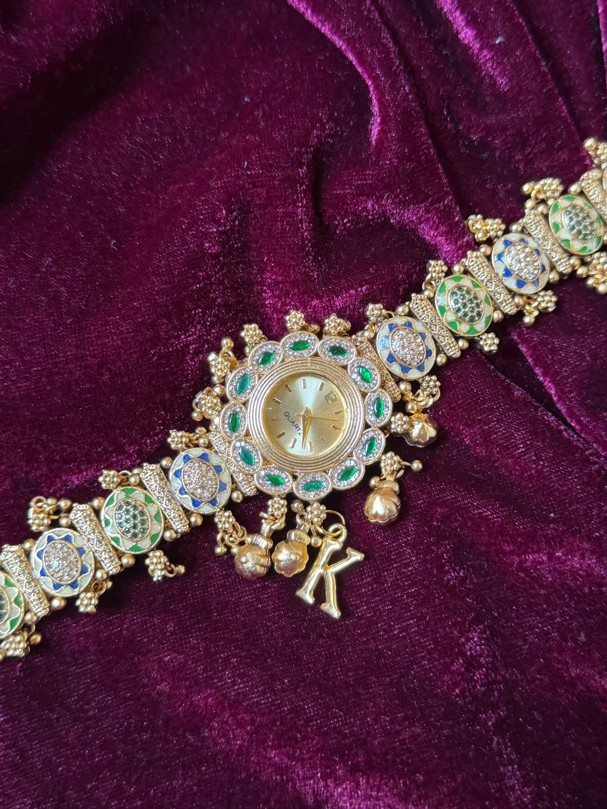 Meenakari Ghungroo Emerald  Maharani Watch Heritage Bracelet - ( Add your own Initials)