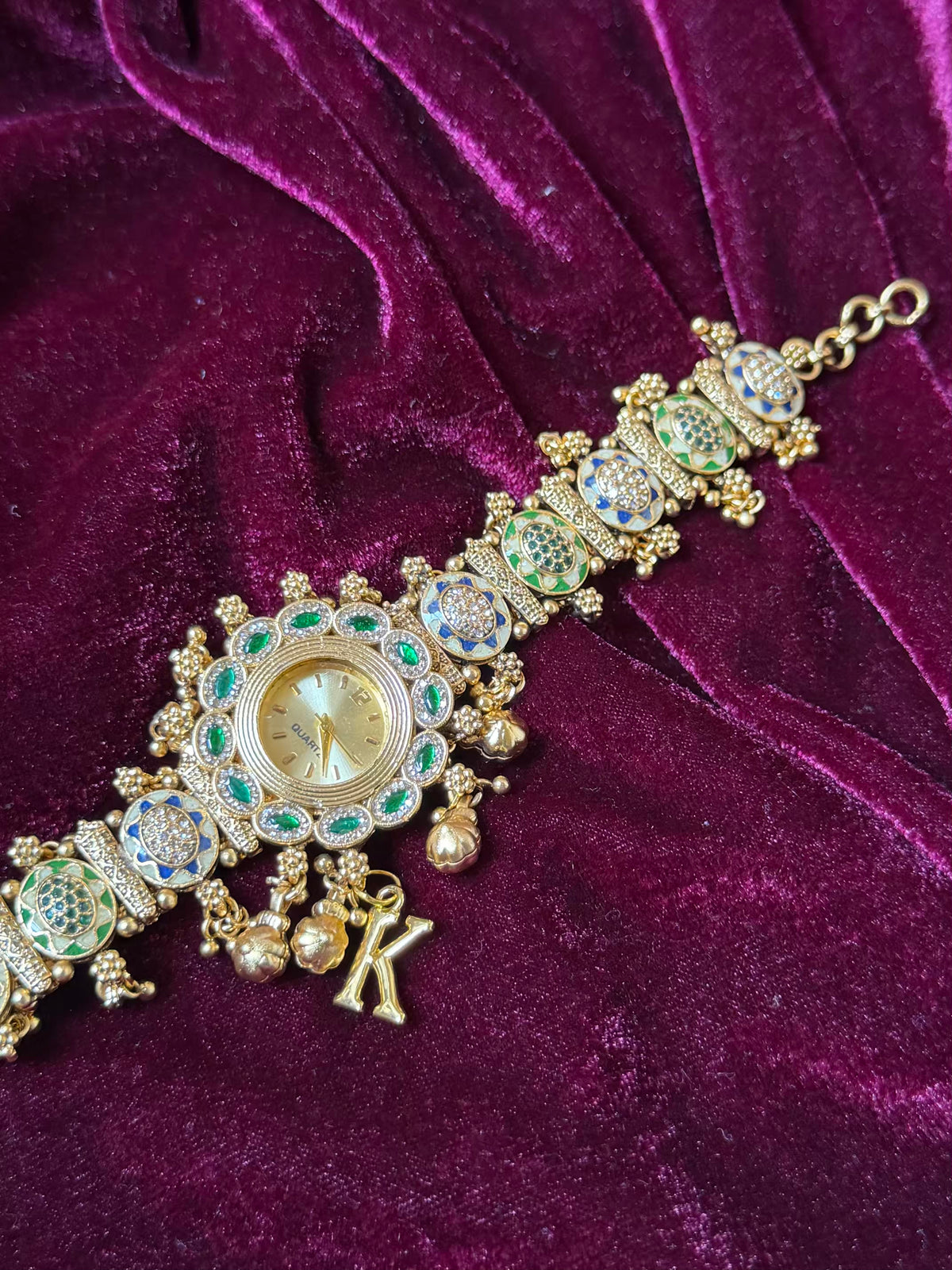 Meenakari Ghungroo Emerald  Maharani Watch Heritage Bracelet - ( Add your own Initials)