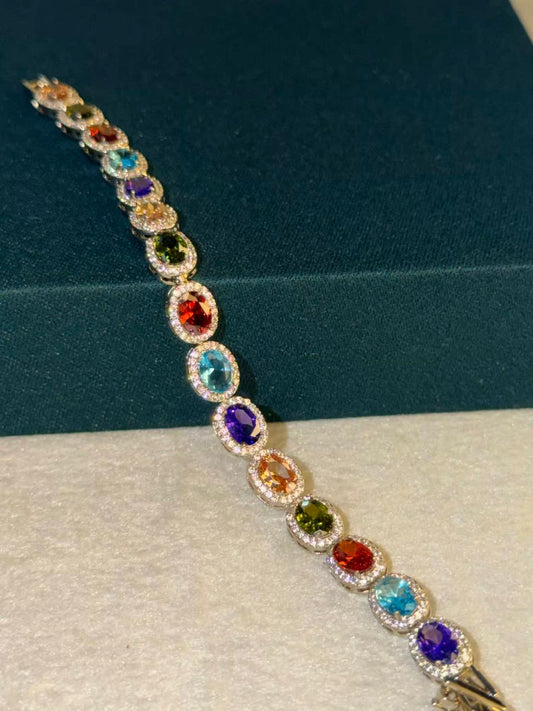 Multicolored Oval Stones Gold Plated Tennis Bracelet