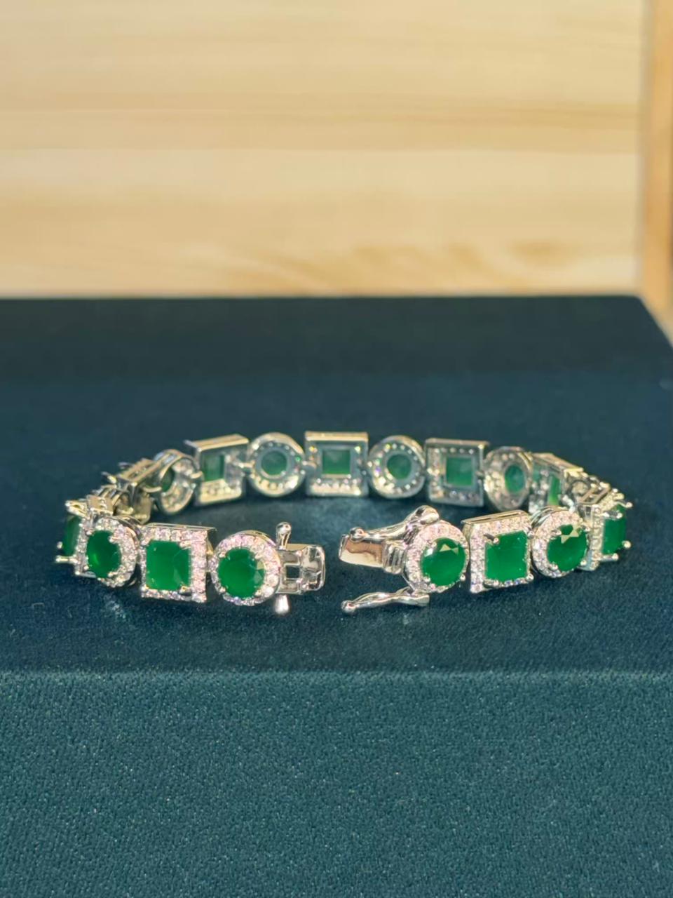 Green Square Round Shape Silver Plated Tennis Bracelet