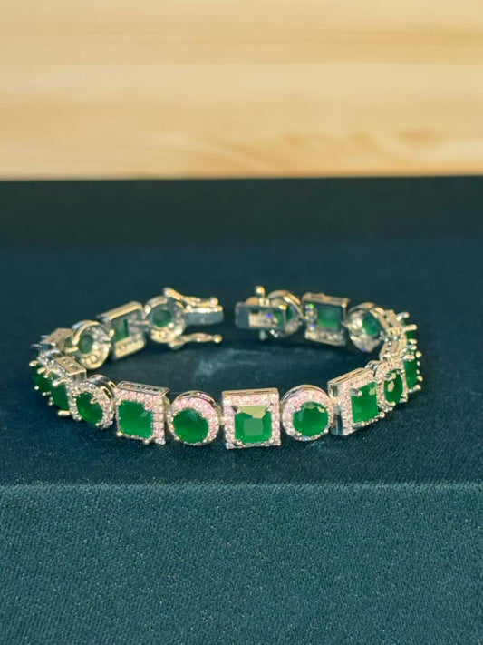 Green Square Round Shape Silver Plated Tennis Bracelet