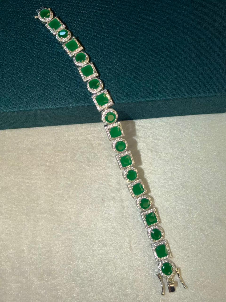 Green Square Round Shape Silver Plated Tennis Bracelet