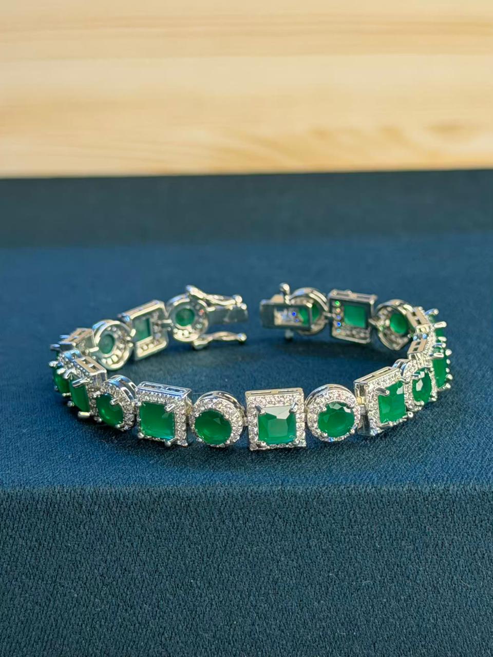 Green Square Round Shape Silver Plated Tennis Bracelet