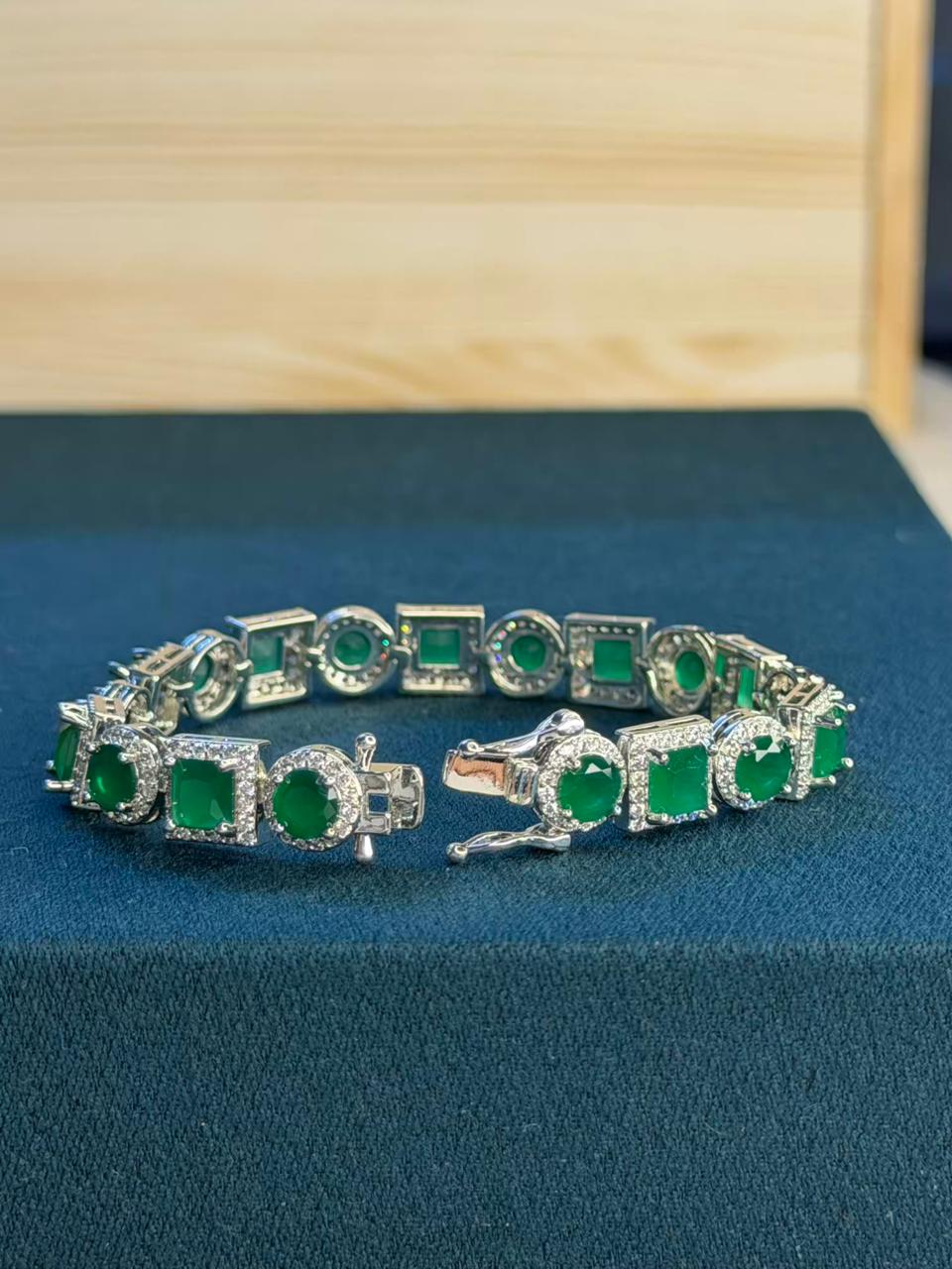 Green Square Round Shape Silver Plated Tennis Bracelet