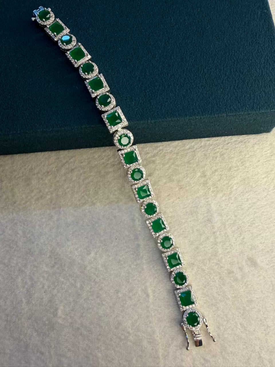 Green Square Round Shape Silver Plated Tennis Bracelet