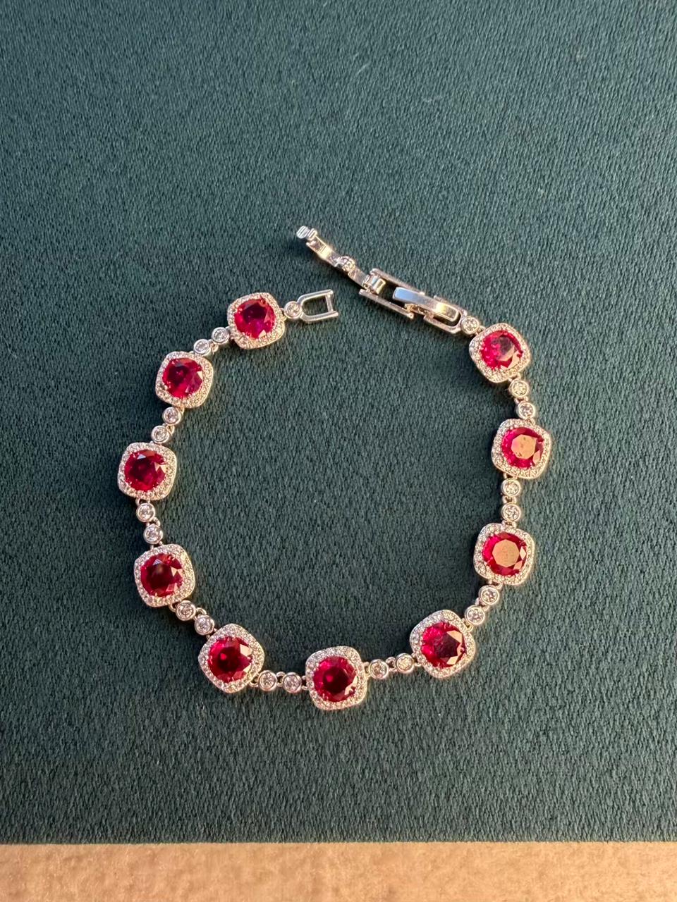 Red Square Stones Silver Plated Tennis Bracelet