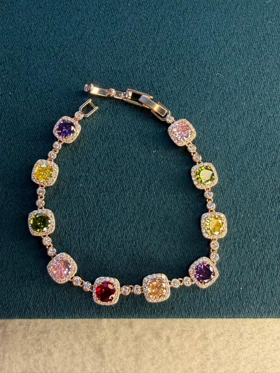 Multicolored Square Stones Rose Gold Plated Tennis Bracelet