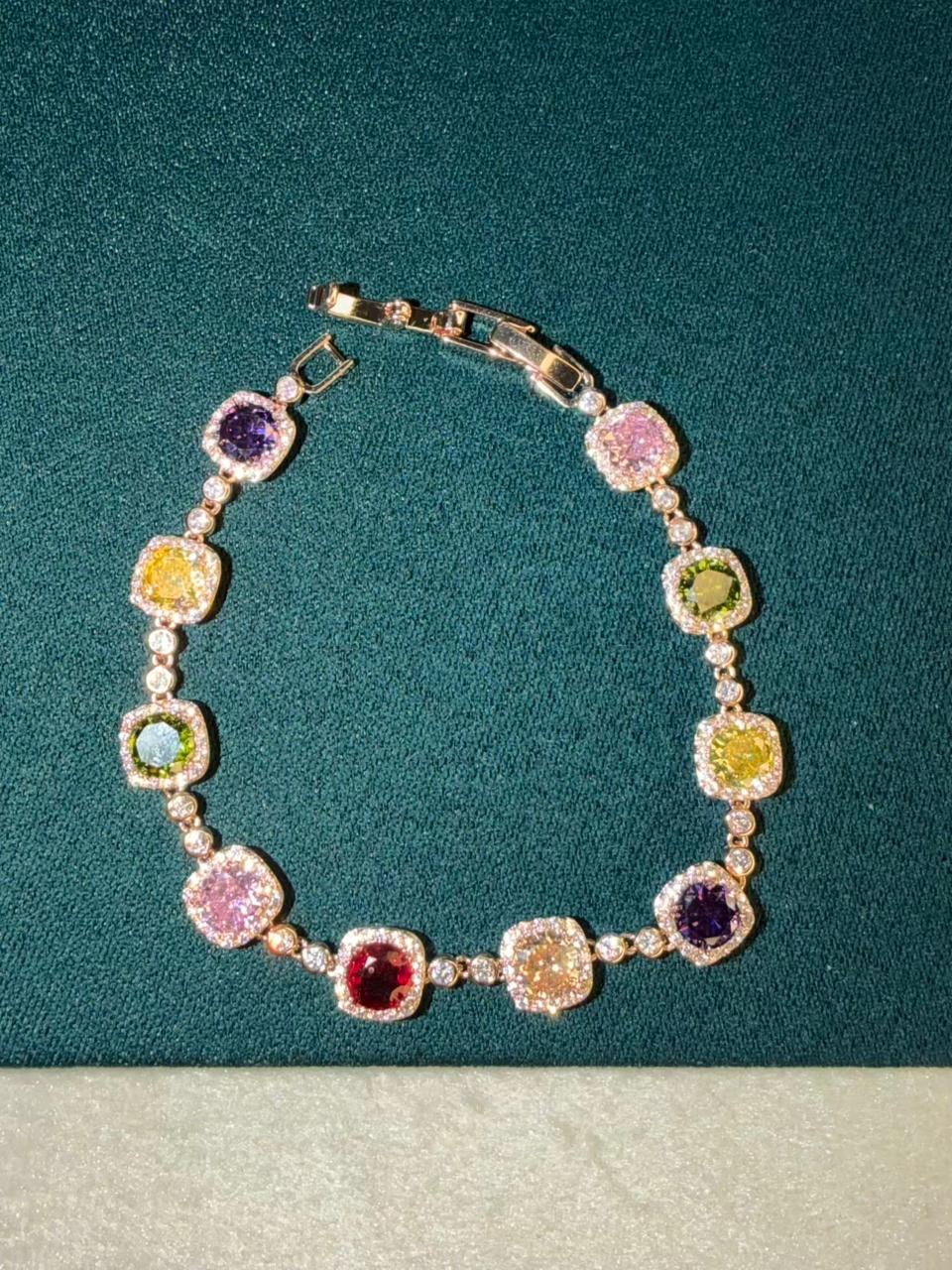 Multicolored Square Stones Rose Gold Plated Tennis Bracelet