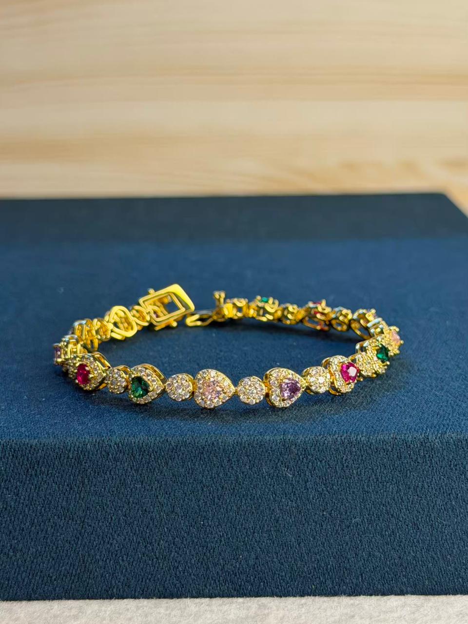 Multicolour Heart Shape Gold Plated Tennis Bracelet
