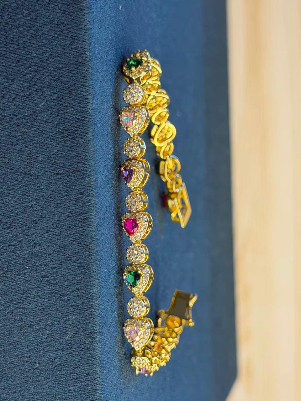 Multicolour Heart Shape Gold Plated Tennis Bracelet