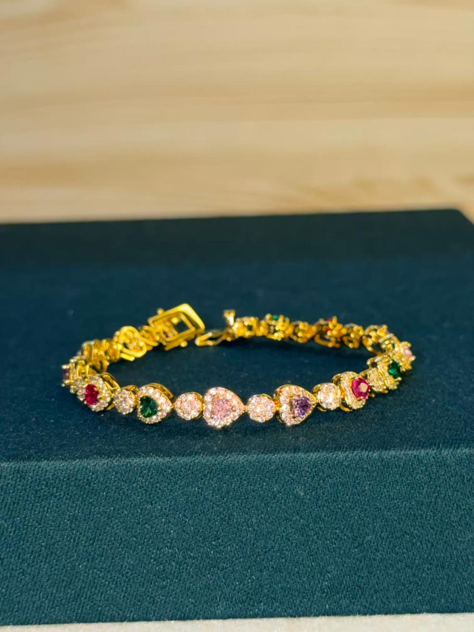 Multicolour Heart Shape Gold Plated Tennis Bracelet
