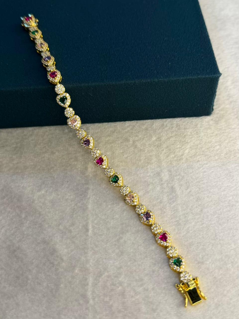 Multicolour Heart Shape Gold Plated Tennis Bracelet