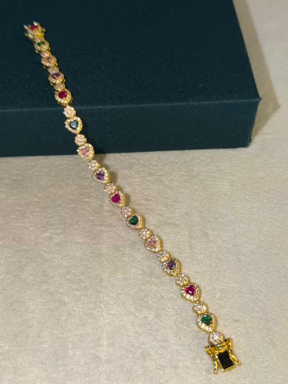 Multicolour Heart Shape Gold Plated Tennis Bracelet