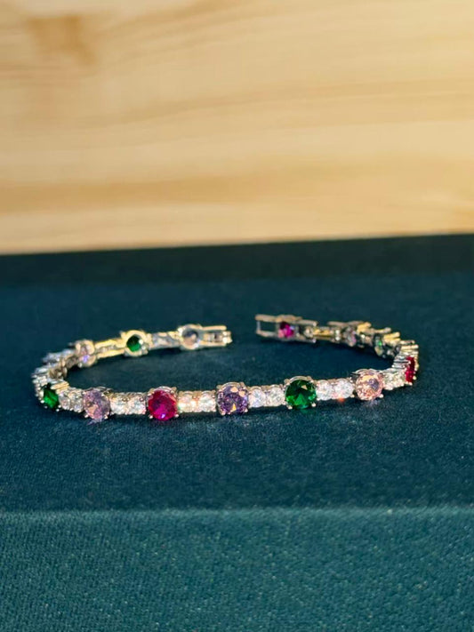 Multicolour Round Shape Silver Plated Tennis Bracelet