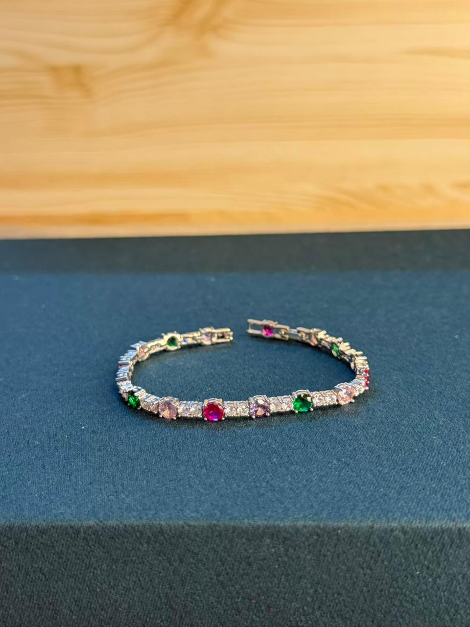 Multicolour Round Shape Silver Plated Tennis Bracelet