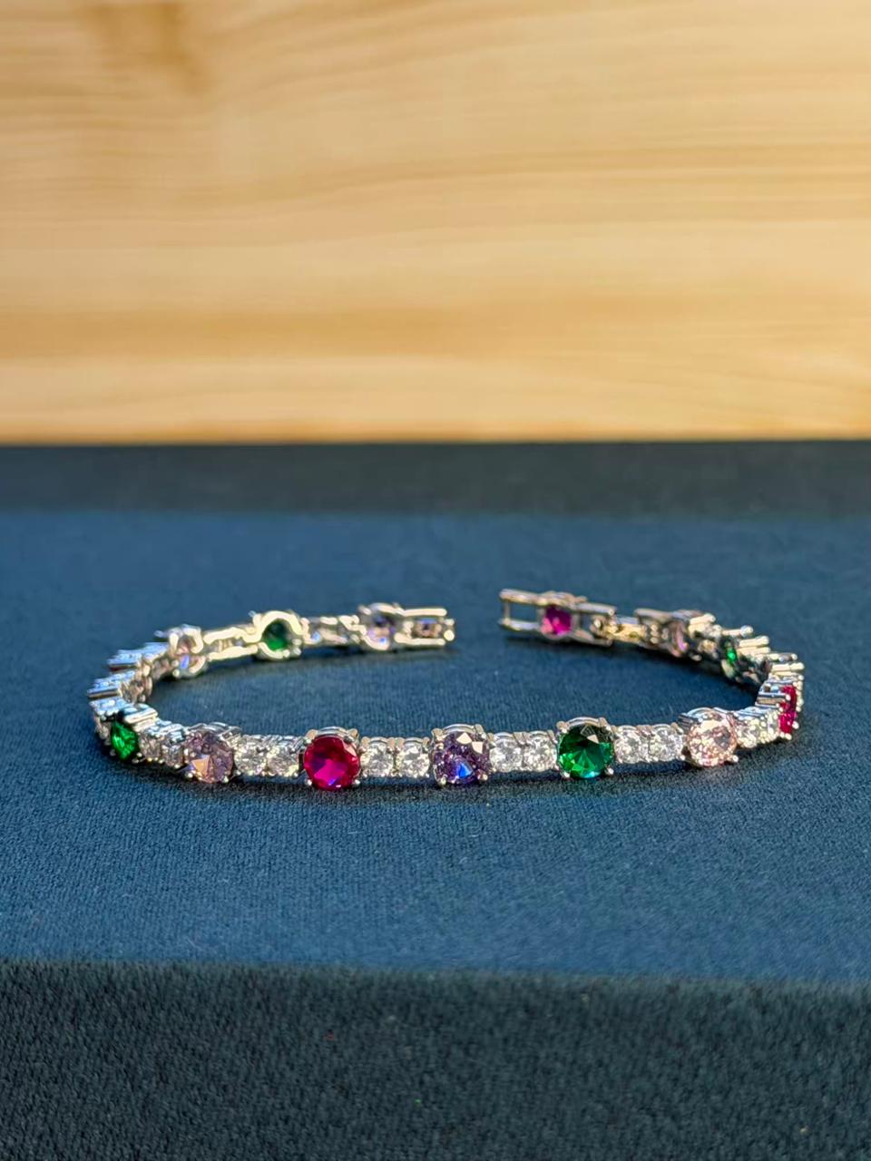 Multicolour Round Shape Silver Plated Tennis Bracelet
